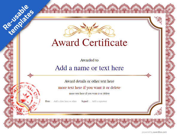 Red award certificate template with red stamp