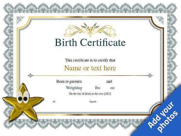 Vintage birth certificate with gold star template