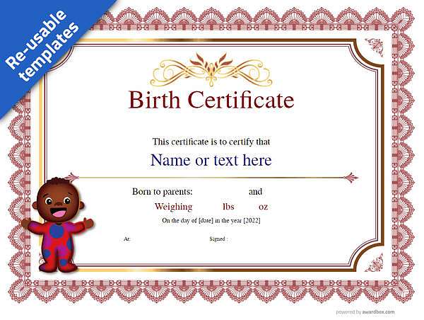 Red birth certificate template with dark skinned baby boy graphic