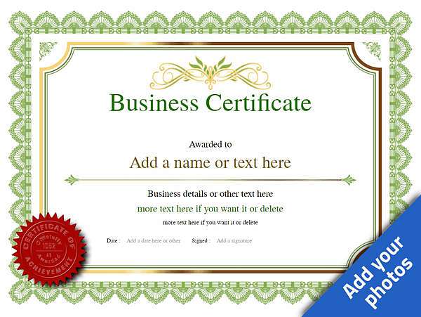 Green business certificate template with red seal