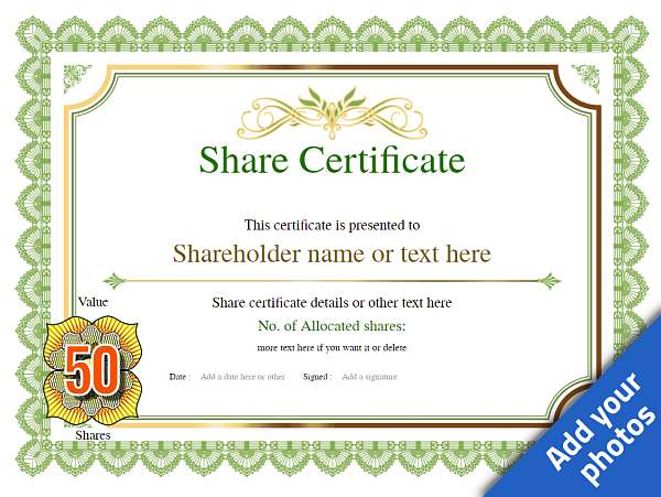 Green share certificate template with round numeric decoration