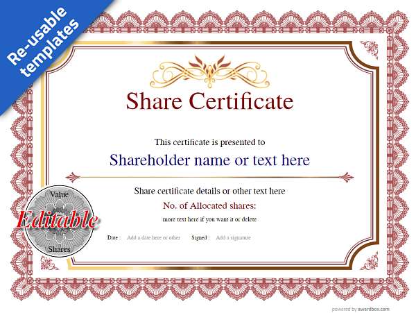 Red share certificate template with financial motif