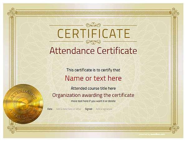 work attendance certificate template with gold medal