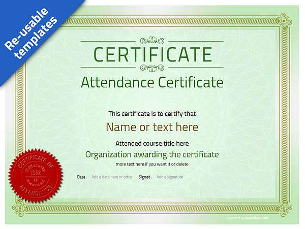Green work attendance certificate with red seal