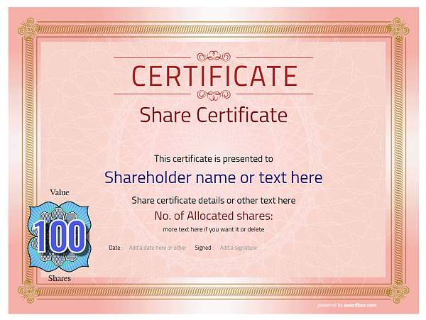 Red template, share certificate with editable numeric motif