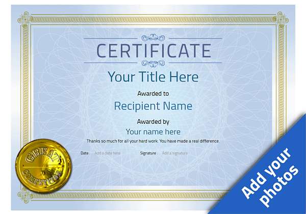 Blue vintage landscape certificate template with gold border and gold medallion decoration