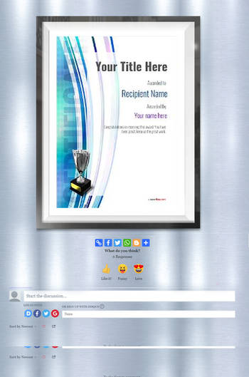 Upright certificate design in modern style blue stripe and silver trophy.
