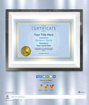 Old style vintage blue certificate with gold border and medal.