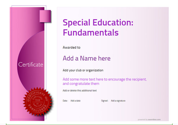 A free, clean and contemporary certificate template design, ideal for recognizing achievements in Special Education Fundamentals. Online editable template and free for any use