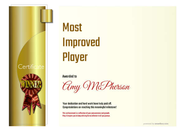 Certificate titled “Most Improved Player” with gold background and red rosette, landscape layout.