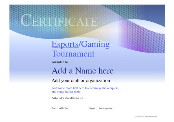 Cutting-edge and dynamic certificate template for an Esports/Gaming Tournament, designed with modern flair for free download in PDF format.