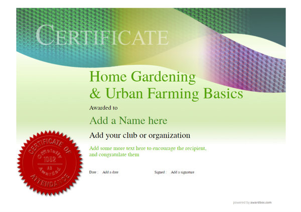 This template is a fresh, urban-inspired design for a Home Gardening & Urban Farming Basics certificate, featuring modern aesthetics. Free to download as pdf