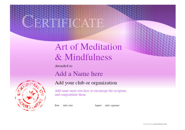 This peaceful and elegant certificate template design perfectly complements an Art of Meditation & Mindfulness course. Free to edit online and download as PDF