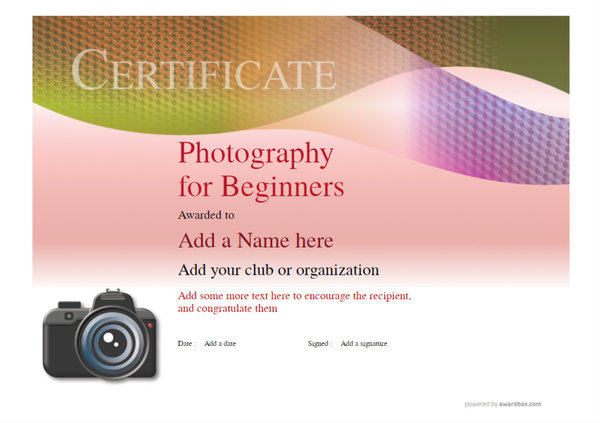 A fully customizable contemporary and minimal theme, this Photography for Beginners certificate template showcases a clean, modern design. Edit and download as PDF