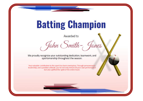 Certificate titled “Batting Champion” with bold red and blue design elements and sporty graphics in landscape format.