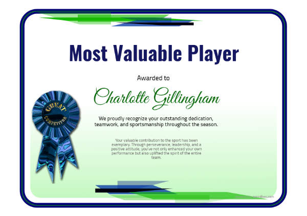 Free customizable MVP sports certificate template - edit or download Free Most Valuable Player certificate template for sports teams and coaches