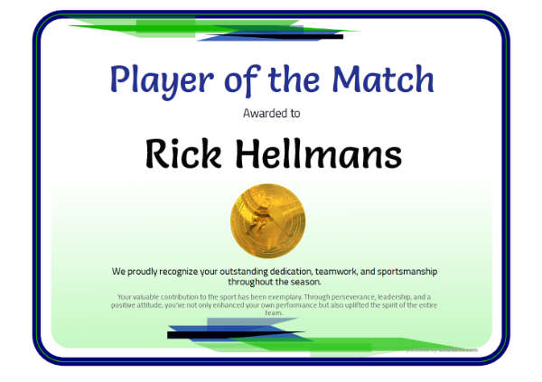 Sports certificate titled “Player of the Match” featuring plain border and gold medallion design in landscape format.
