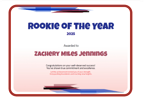 Free, Rookie of the Year sports certificate with simple modern background and red border