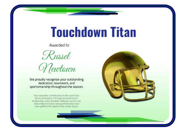 Touchdown Titan football award certificate with bordered layout and helmet icon