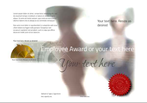 Employee of the month award certificate template with moden blurred style office background on white.