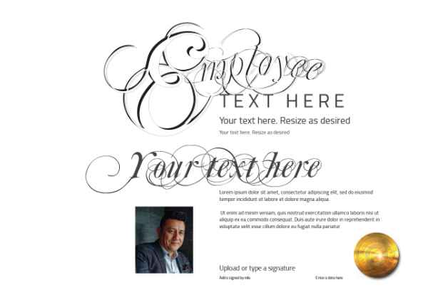 Employee certificate in calligraphy style template, black on white background traditional script text
