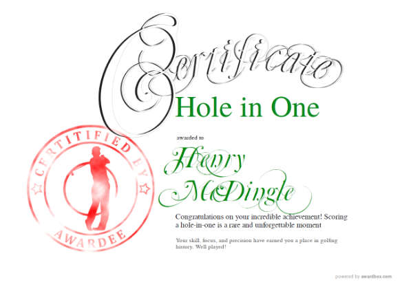 Golf achievement certificate titled “Hole in One” featuring a minimalist white background with sports icons, in landscape layout.