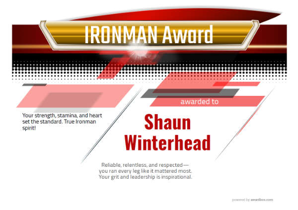 Sports award certificate titled “Ironman Award” featuring a bold red modern graphic background, landscape layout.
