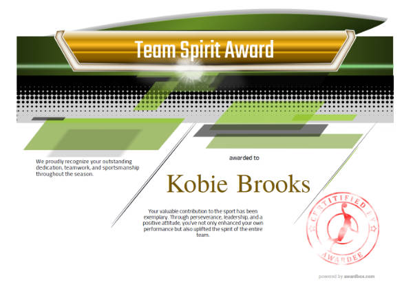 Team Spirit Award sports certificate with green and black background and red slam dunk graphic