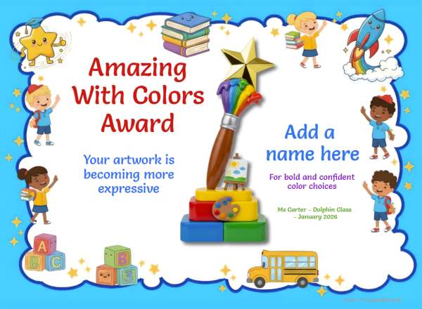Amazing with Colors Award certificate design for children age 5 to 12, featuring a solid blue border decorated with happy children, icons of school bus and rockets with a fun colorful paintbrush trophy.