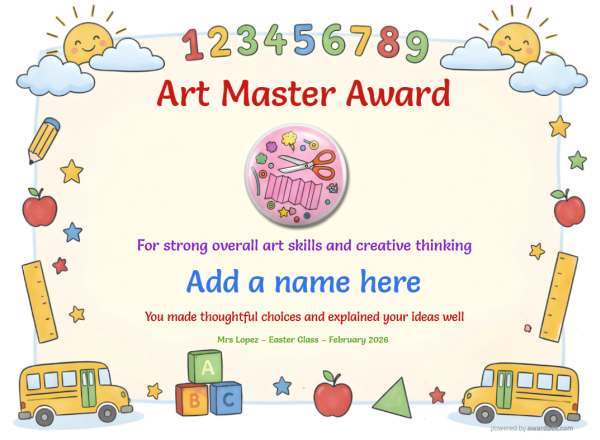Art Master Award certificate design for children age 5 to 12, featuring a loose border of graphic images of sunshine and clouds with rulers and school buses. Includes a pink badge with scissors.