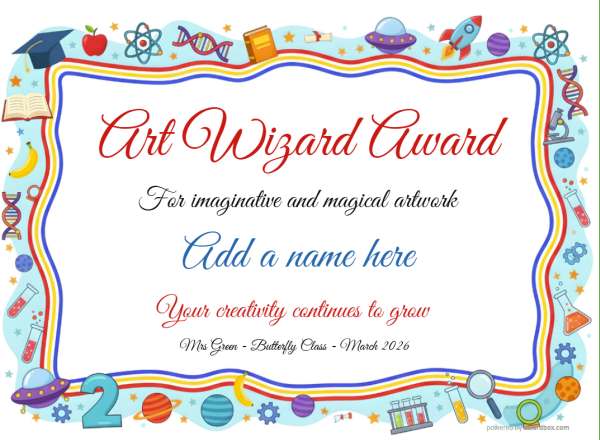 Art Wizard Award certificate design for children age 5 to 12, featuring a wiggly fun border with colorful school shapes and rockets, books and chemistry icons and script style text.