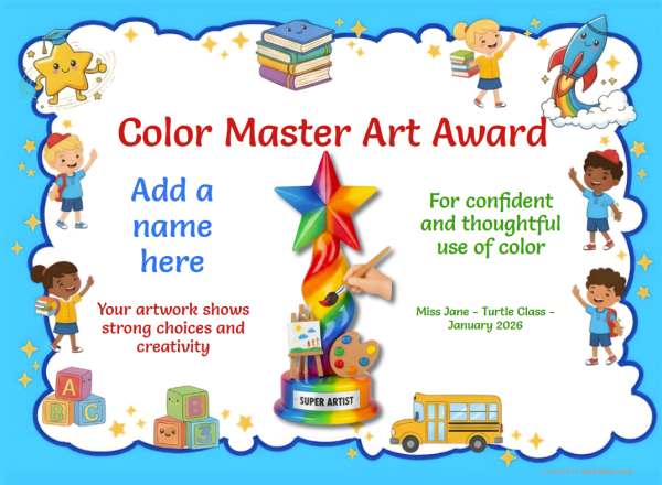 Color Master Award certificate design for children age 5 to 9, featuring a solid blue border decorated with happy children, icons of school bus and rockets with a feature rainbow paintbrush trophy.