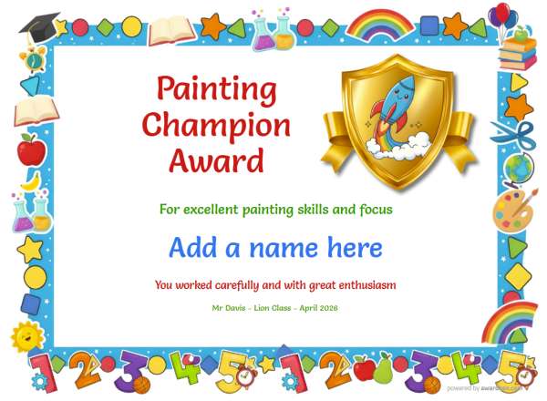 Painting Champion Award certificate design for children age 5 to 12, featuring a colorful border of school symbols and doodles in a blue frame with a gold shield and rocket design.