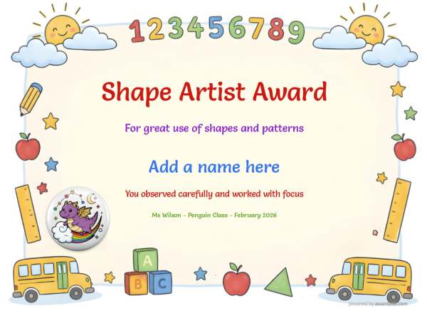 Shape Artist Award certificate design for children age 5 to 12, featuring a loose border of graphic images of sunshine and clouds with rulers and school buses.