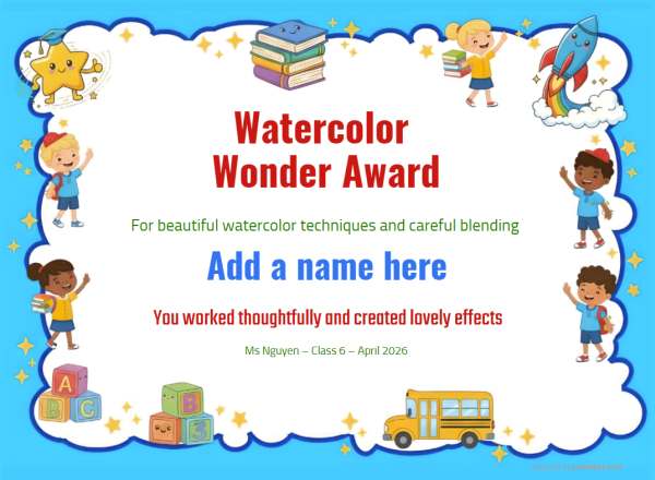 Watercolor Wonder Award certificate design for children age 5 to 12, featuring a solid blue border decorated with happy children, icons of school bus and rockets.