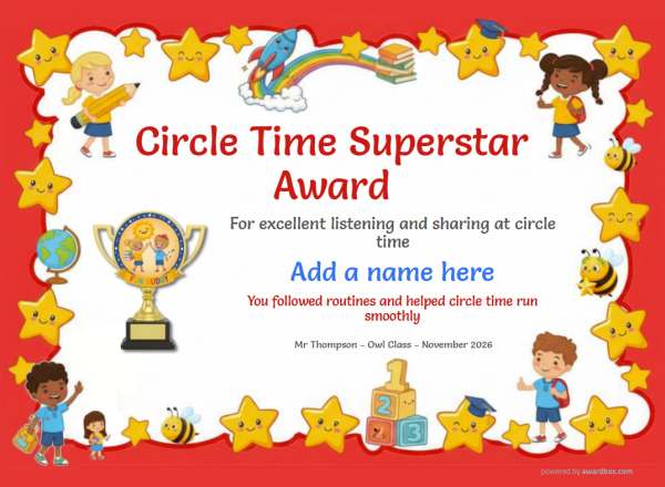 Circle Time Superstar certificate design for children ages 4 to 7, featuring a solid red border dotted with small smiley stars and happy children with a trophy badge with two children high fiving