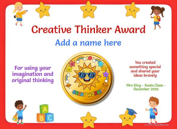 Creative Thinker Award certificate design for children ages 5 to 10, featuring a simple red border speckled with fun stars and happy waving children. Includes a gold badge with cheerful sunshine.