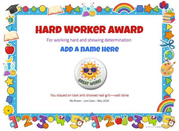 Hard Worker Award certificate design for children ages 5 to 10, featuring a blue border with multiple classroom and school icons and numbers. Includes a sunsine badge wearing sunglasses.