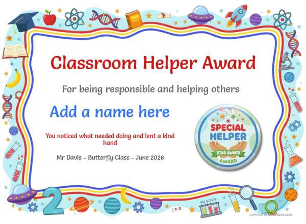Classroom Helper Award certificate design for children ages 5 to 10, featuring a wriggly red,yellow,blue border with multiple classroom and school icons and numbers with a special helper badge.