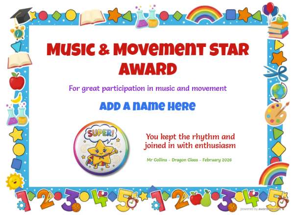 Music & Movement Star certificate design for children ages 4 to 8, featuring a blue border with multiple classroom and school icons and numbers. Includes a superman star badge.