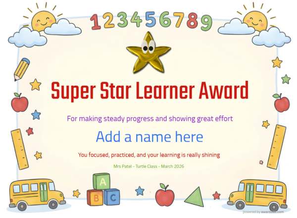 Super Star Learner certificate design for children ages 5 to 9, featuring a border of classroom items such as pencils and rulers and a sunny cloud, including a 3d gold star.