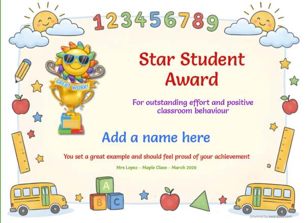 Star Student Award certificate design for children ages 5 to 11, featuring a border of classroom items such as pencils and rulers and a sunny cloud, including a fun gold trophy with smiling sunshine.