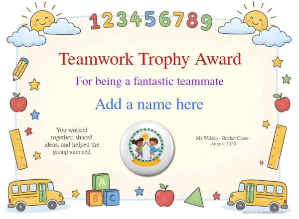 Teamwork Trophy certificate design for children ages 5 to 11, featuring a border of classroom items such as pencils and rulers and a sunny cloud, including a badge with two children high fiving. 