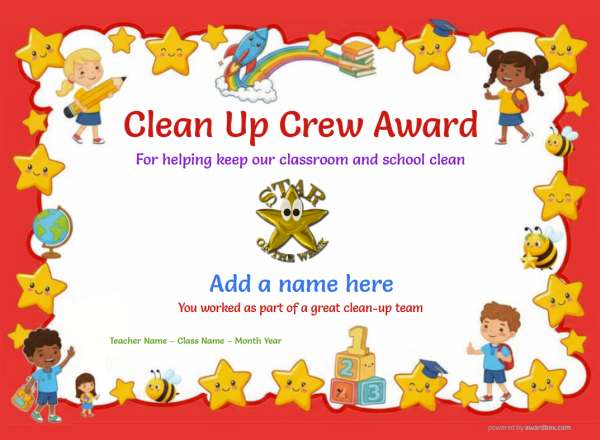Clean Up Crew Award Certificate for Kindergarten,Early Elementary Clean Up Crew Award certificate design for children age 5 to 12, featuring a solid red border dotted with small smiley stars and happy children with a 3d star of the week gold star.