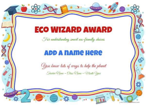 Eco Wizard Award Certificate for Kindergarten,Early Elementary Eco Wizard Award certificate design for children age 5 to 12, featuring a wriggly red,yellow,blue border with multiple classroom and school icons and numbers..