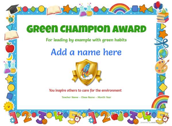 Green Champion Award Certificate for Kindergarten,Early Elementary Green Champion Award certificate design for children age 5 to 12, featuring a blue border with multiple classroom and school icons and numbers. Includes a gold shield with a blue rocket.