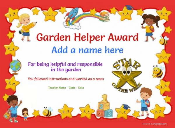 Garden Helper Award Certificate for Kindergarten,Early Elementary Garden Helper award certificate design for children age 5 to 12, featuring a solid red border dotted with small smiley stars and happy children with a feature gold star of the week badge.