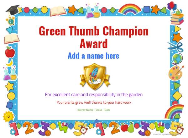 Green Thumb Champion award certificate design for children age 5 to 12, featuring a blue border with multiple classroom and school icons and numbers. Includes a feature gold sheild with colored rocket.