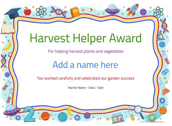 Harvest Helper Award Certificate for Kindergarten,Early Elementary Harvest Helper award certificate design for children age 5 to 12, featuring a wriggly red,yellow,blue border with multiple classroom and school icons and numbers.