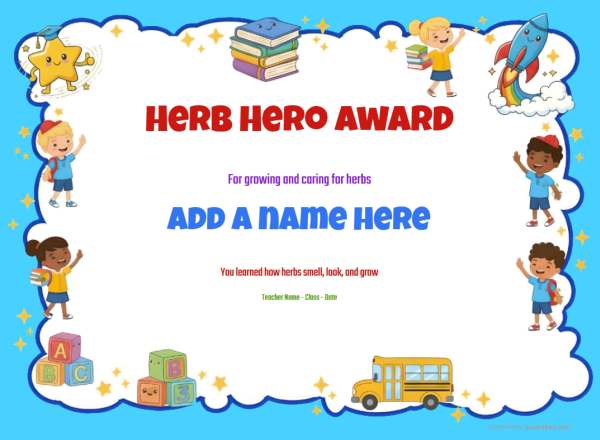 Herb Hero Award Certificate for Kindergarten,Early Elementary Herb Hero award certificate design for children age 5 to 12, featuring a solid blue border decorated with happy children and school bus.